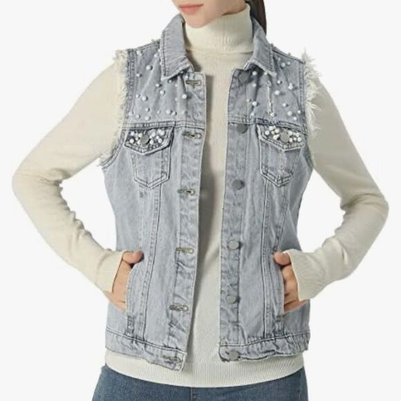 Ebossy Women's Pearl Denim Jean Vest Small Distressed Sleeveless County Concert - Picture 1 of 11
